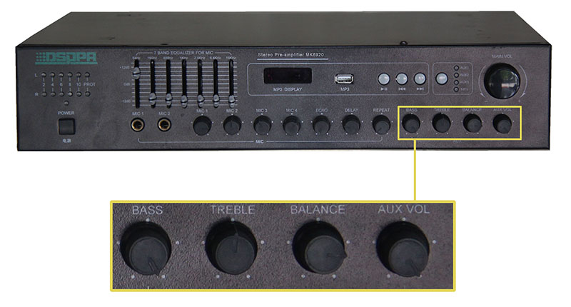 Front panel & Rear panel connection of MK6920 2×120W Professional Stereo Mixer Amplifier